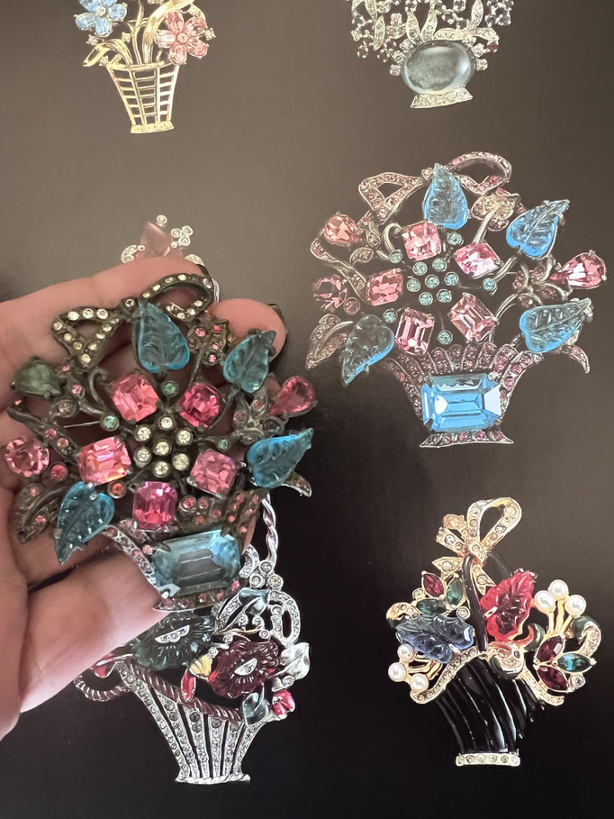 Old Figural Basket brooch w/bright blue/pink stones & carved glass- Collectible jewelry featured in the book “All My Baskets.”-Art.601/7