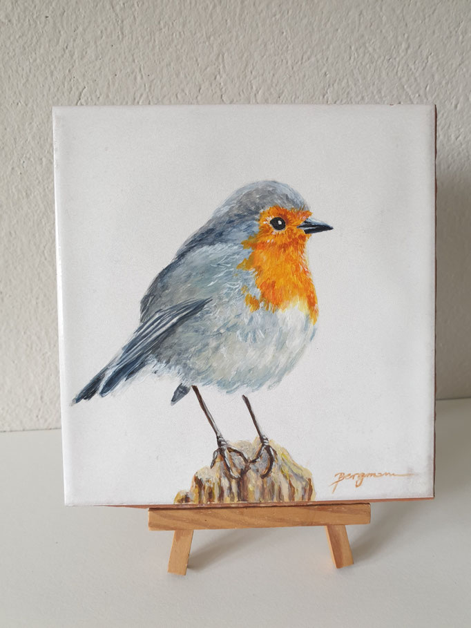 Rotkehlchen, Acryl auf Fliesen, lackiert, ca. 15x15,5x0,9cm, 2025