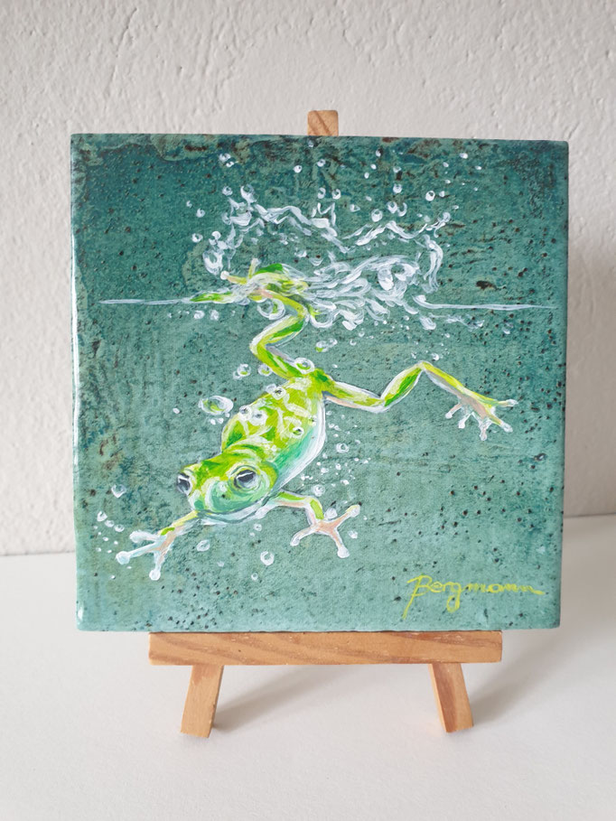 Frosch, Acryl auf Fliesen, lackiert, ca. 12,5x12,5x0,8cm, 2025