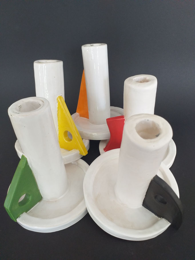 Kerzenhalter Keramik aus weißem Ton bunt glasiert, 13cm hoch
