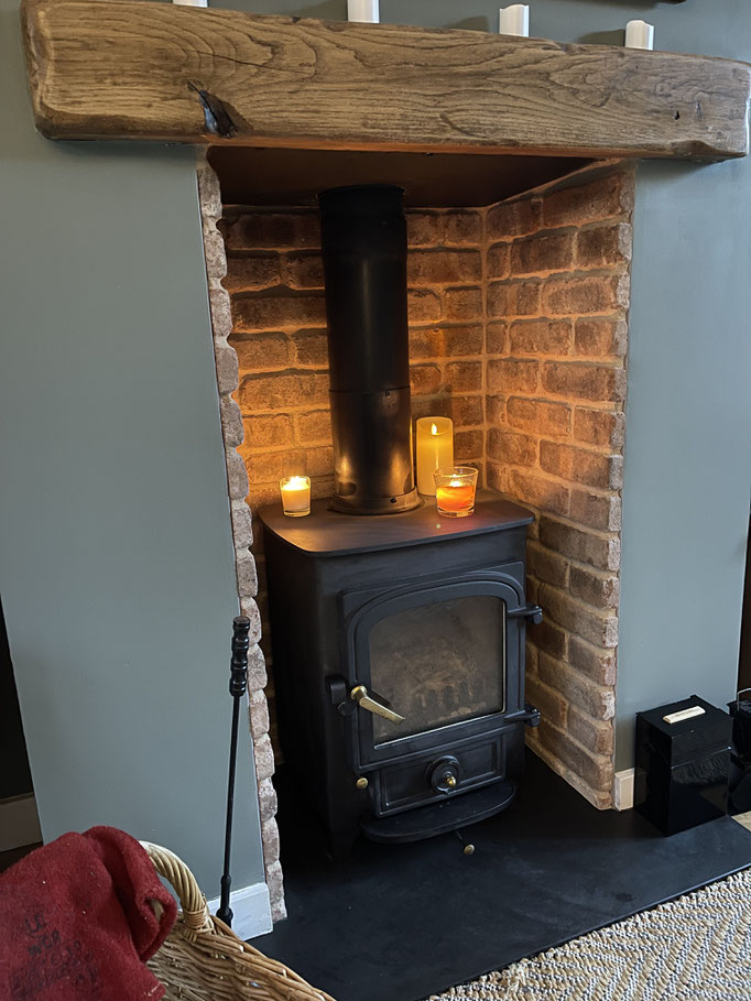 Fireplace Chamber Set in Retro Barn Stock with Brick Edged Side Panels