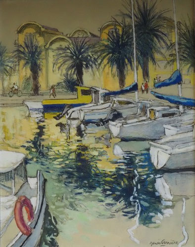 229-Gruissan, quai des palmiers, technique mixte (fusain, pastel, huile) sur bois médium, format 77.5 cm x 98.5 cm, prix : 1100 €