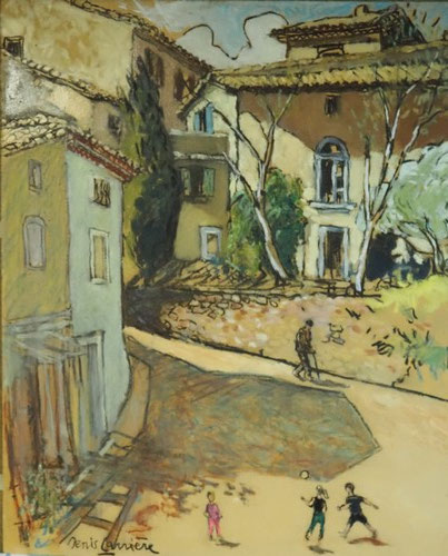 56-Treilles, place de la République, technique mixte (fusain, pastel, huile) sur bois médium, format 65 cm x 54 cm, prix : 650 €