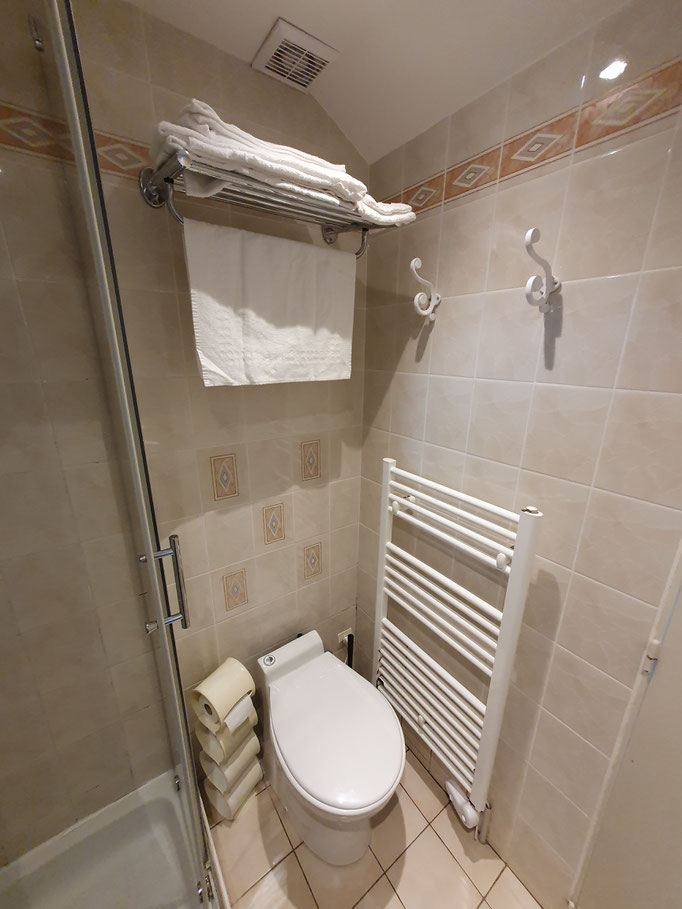 Avant : Des toilettes coincés entre la douche et le sèche-serviettes