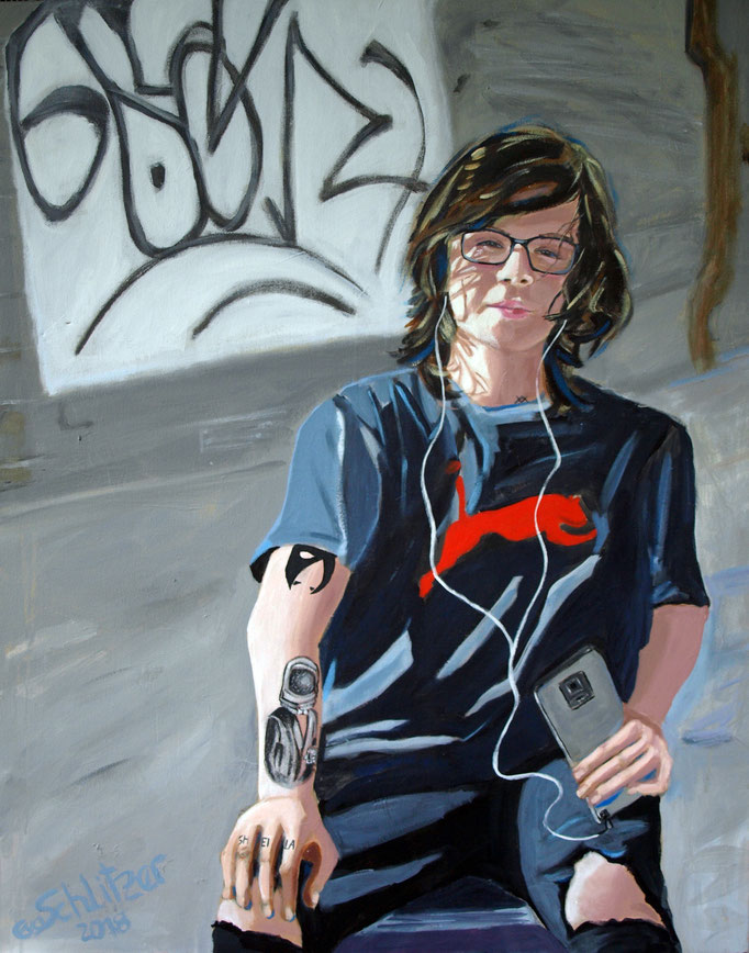 "Jugendlicher mit IPhone", 100 x 80, Acryl auf Leinen, 2018