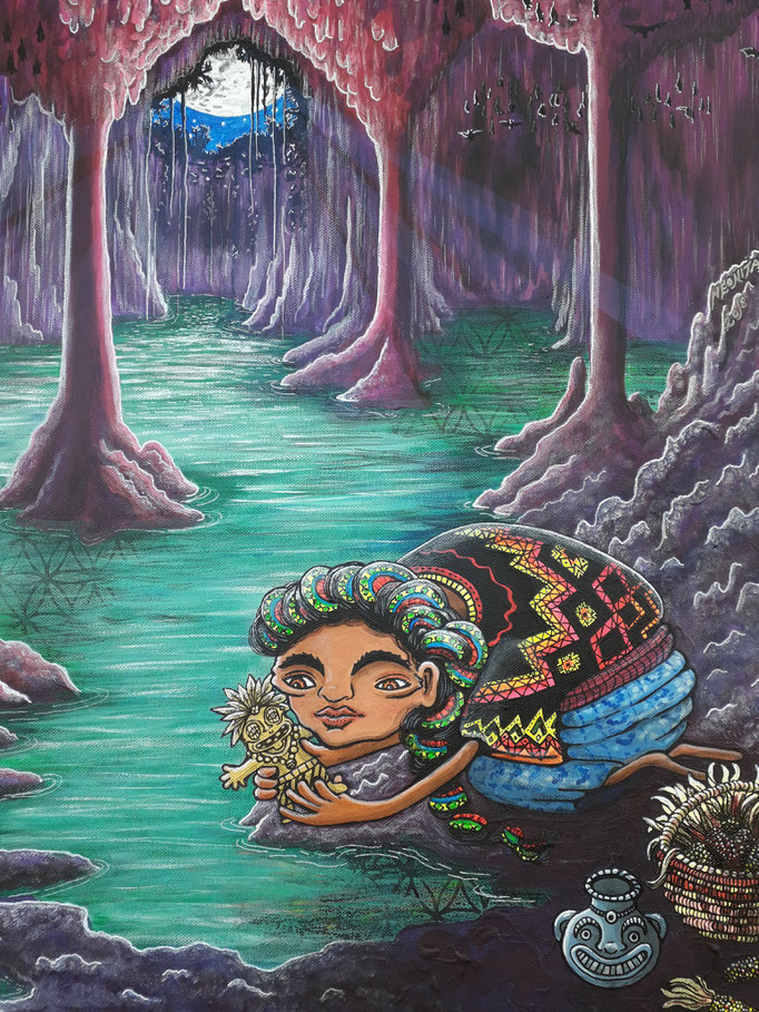 I painted this after a trip to Mexico where I spent time in the Yacatans cenotes, these underground watery holes were sacred to the ancient people, this lady is making an offering to Chaac the rain deity.