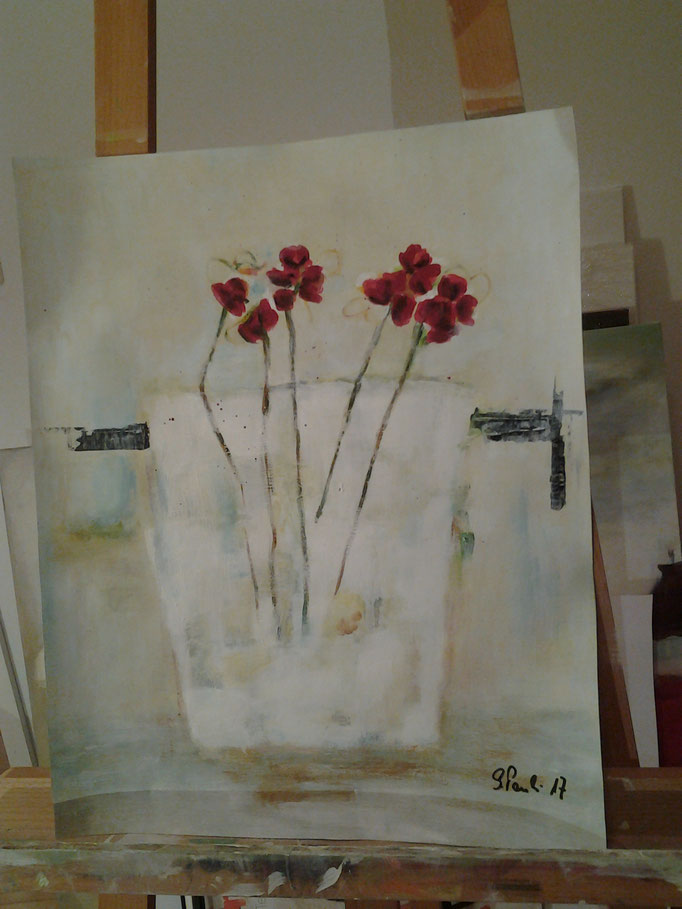Rote Blumen in Vase, Acryl auf Papier/ nicht verfügbar