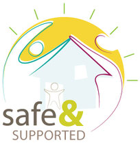 Safe & Support spaces logo: cartoon of a child in a house made of two adults, in front of the sun