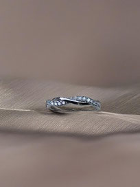 Silberner Ring mit feiner Struktur und glitzernden Steinen, präsentiert auf weichem, neutralem Stoff. Ruhiges und elegantes Produktfoto.