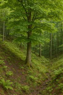 Ein kräftiger Bergahorn an einem moosbedeckten Hang in einem lichten Mischwald – typisch für mittlere Höhenlagen mit humusreichem Boden und Begleitarten wie Buche und Farn.