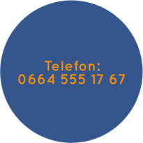 blauer Kreis mit oranger Schrift Telefon: 06645551767