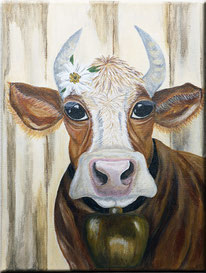 Acrylic painting of bavarian cow with Edelweiß