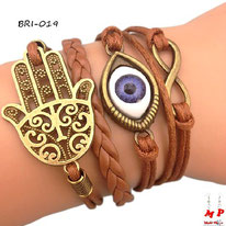 Bracelet brun infini breloques main de Fatma dorée et oeil bleu