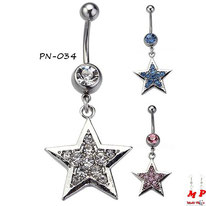 Piercing nombril pendentif étoile argentée sertie de strass blancs, roses ou bleus
