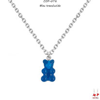 Collier à pendentif ourson bleu translucide en acrylique et sa chaine argentée