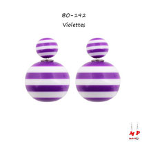Boucles d'oreilles double perles rayées violettes et blanches