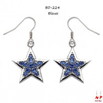 Boucles d'oreilles pendantes étoiles argentées serties de strass bleus