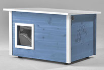 Naturfarbene und farbige Katzenhäuser (Katzenhütten), wetterfest, mit und ohne Heizung, isoliert, eigene Herstellung in Deutschland, Farbe: taubenblau