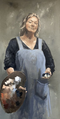 Self portrait with baby chick, oil on linen 120x60cm