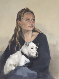 Painted portrait of a girl and her dog by portrait painter Philine van der Vegte