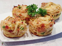 Spaghettimuffins Schinken Erbsen Parmesan Käse 