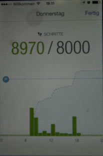 Dies ist die Grafik der Schritte, die Du am Tag zurückgelegt hast. Juhu: Ich habe mein Tagespensum überschritten.