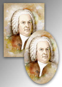 Die zwei Bach-Magnete im Bach-Shop: Einer ist rechteckig im Hochformat, der andere oval. Auf beiden ist das gleiche Bach-Porträt.