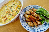 とうもろこしのキッシュ、肉巻きの照り焼き