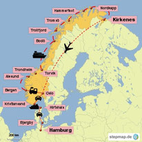 Bild: Karte der Reiseroute mit Hurtigruten