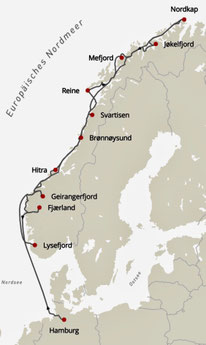 Bild: Karte der Kreuzfahrt von Hamburg zum Nordkap