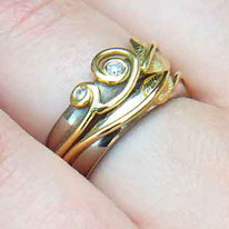 Leaf & Two Tendrils Ring wih diamonds bridal set 18ct gold