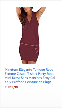 Minetom Elégante Tunique Robe Femme Casual T-shirt Party Robe Mini Dress Sans Manches Sexy Col en V Profond Ceinture de Plage