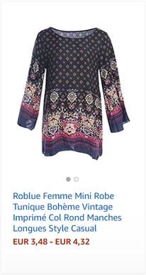 Roblue Femme Mini Robe Tunique Bohème Vintage Imprimé Col Rond Manches Longues Style Casual