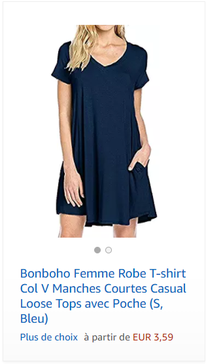 Bonboho Femme Robe T-shirt Col V Manches Courtes Casual Loose Tops avec Poche (S, Bleu)