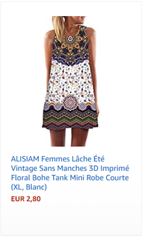 ALISIAM Femmes Lâche Été Vintage Sans Manches 3D Imprimé Floral Bohe Tank Mini Robe Courte (XL, Blanc)