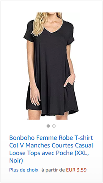 Bonboho Femme Robe T-shirt Col V Manches Courtes Casual Loose Tops avec Poche (XXL, Noir)