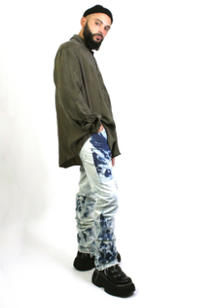 Men wearing black fold denim pants and print t-shirt in black