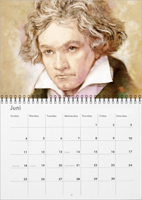 Das Monatsblatt in einem Broschüren-Kalender. In der oberen Hälfte sieht man eines der berühmten Beethoven-Bilder, jedoch im Aquarell-Stil. In der kompletten unteren Hälfte des Hochformates ist das riesige Kalendarium.