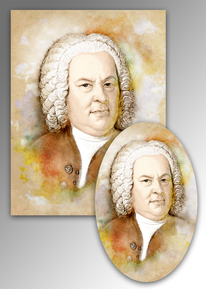 The two Bach magnets in the Bach store: one is rectangular in portrait format, the other oval. The same Bach portrait is on both.