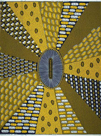 Tissu africain wax au symbole de fécondité d'où rayonnent des dessins de nourrissons, de poussins et de graines