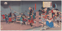 東京｜浮世絵販売　継古堂 武者絵　大蘇芳年　「英雄美談武者鑑　矢矧の落雁」 Japanese woodblock prints for sale, Taisô Tsukioka YOSHITOSHI,  A mirror of valiant warriors : Descending geese at Yahagi Bridge (Eiyû Bidan Musha Kagami : Yahagi no Rakugan), warrior print triptych
