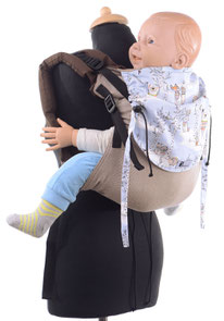 Huckepack Onbuhimo, Babytrage mit stufenlos mitwachsendem Panel aus Tragetuchstoff, gut gepolsterte Träger, 100% Biobaumwolle.