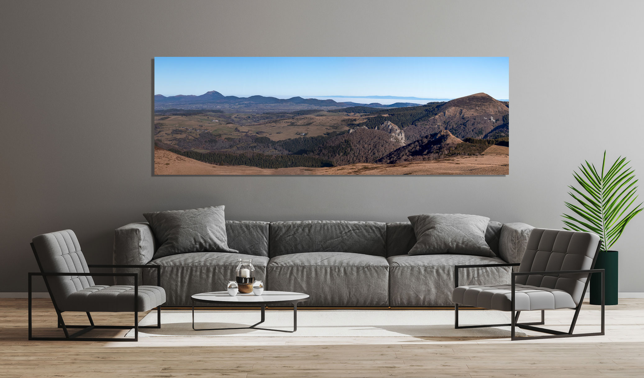 Panoramique chaîne des puys et roches Tuilière et Sanadoire