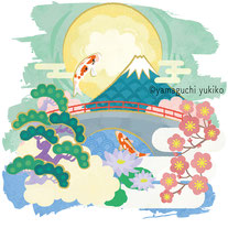 富士と鯉の和風イラスト
