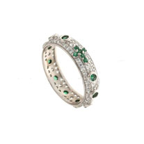 Anello Rosario Con Pietre Verdi e Zirconi Bianchi In Oro Bianco 18Kt