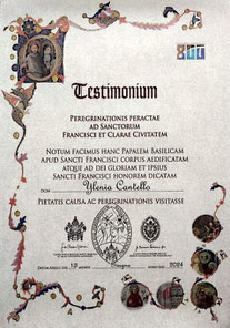 Testimonium of the Via di Francesco Nord released after the walk from La Verna to Assisi