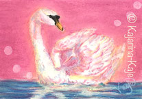 Handgemaltes Krafttierbild Schwan, Weißer Schwan vor pinkem Hintergrund, auf dem Wasser. Spirituelles Energiebild