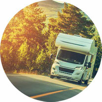 Alkoven Wohnmobil in weiß auf einer Straße im Wald 2025