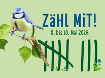 Eine Blaumeise auf einem Birkenzweig vor hellgrünem Hintergrund, rechts daneben in Blau "Zähl mit!", darunter in dunkelgrün "8. bis 10. Mai 2026" sowie eine große dunkelgrüne Strichliste