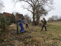 Die Ortsgruppe schichtet Heu auf und schneidet Brombeeren